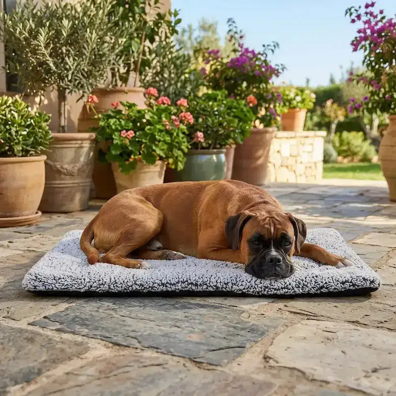 Un boxer allongé sur un tapis pour chien sur une terrasse.