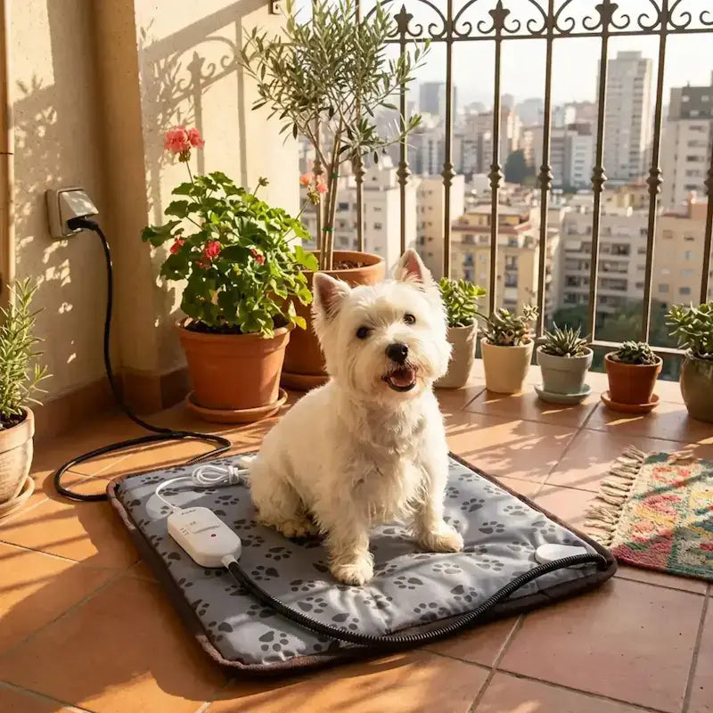 Un west highland assis sur un tapis pour chien chauffant sur un balcon en ville.