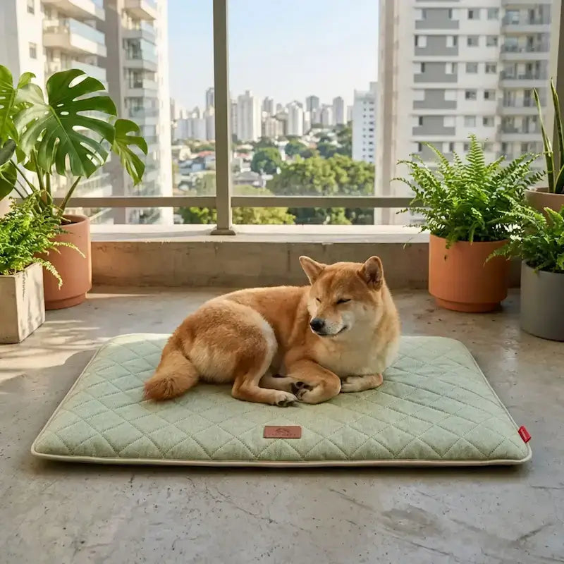 Un shiba inu sur un balcon en ciment est allongé sur son tapis pour chien.