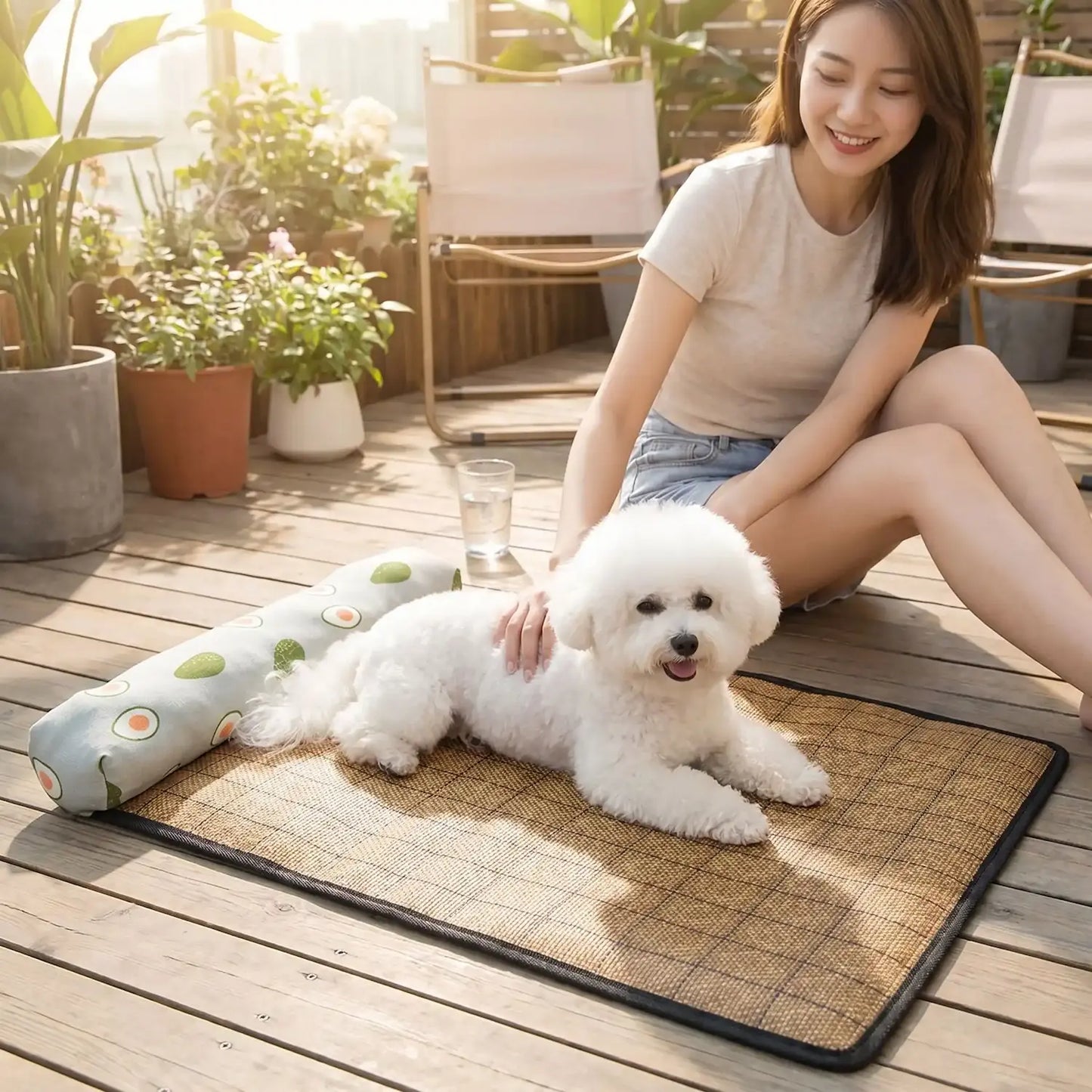 Une femme sur une terrasse caresse son bichon frisé allongé sur un tapis rafraichissant pour chien motif avocat.