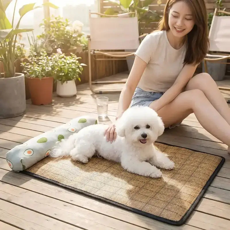 Une femme sur une terrasse caresse son bichon frisé allongé sur un tapis rafraichissant pour chien motif avocat.