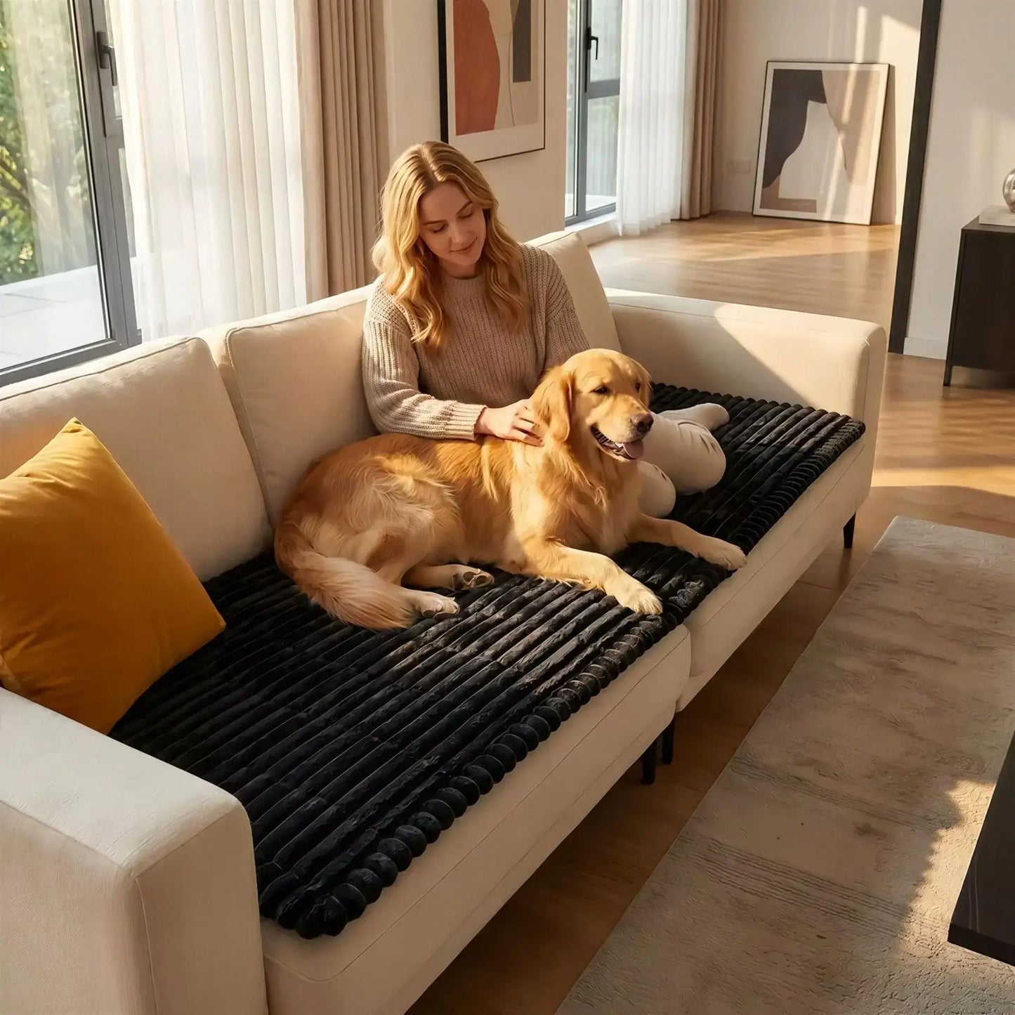 Une femme sur un sofa caresse son golden retriever allongé sur le tapis de voiture pour chien.