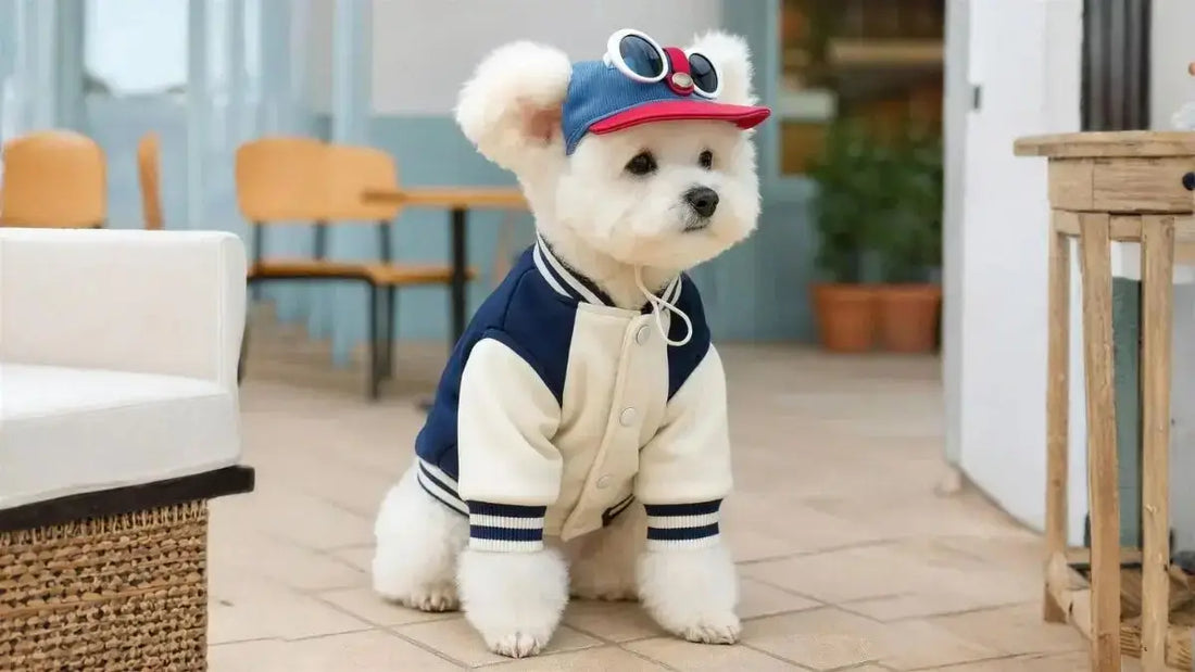 Un bichon frisé assis avec une casquette pour chien bleue.