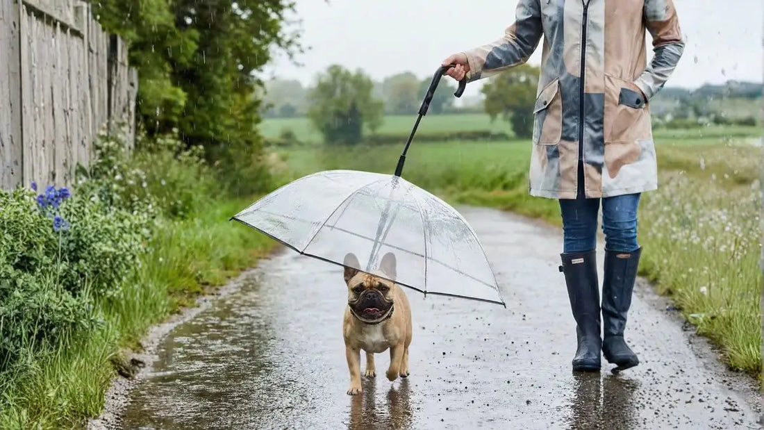 Une femme sous la pluie avec son bouledogue français qui est protéger par un accessoire pour chien parapluie.