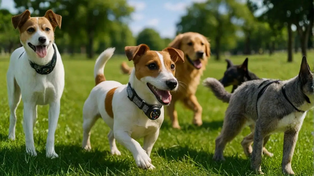Un jack russell avec un collier anti-aboiement pour petit chien joue avec plusieurs chiens