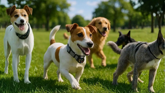 Un jack russell avec un collier anti-aboiement pour petit chien joue avec plusieurs chiens