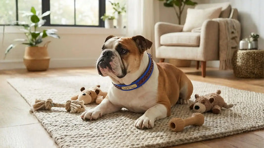 Un bouledogue anglais allongé dans un salon avec ses jouets porte un collier personnalisable pour chien.