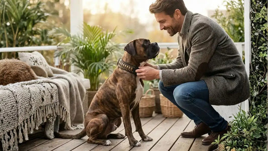 Un homme sur une terrasse avec son boxer qui porte un collier pour chien.