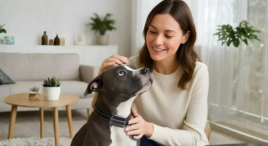 Femme caressant un chien calme avec collier anti-aboiement dans un salon lumineux