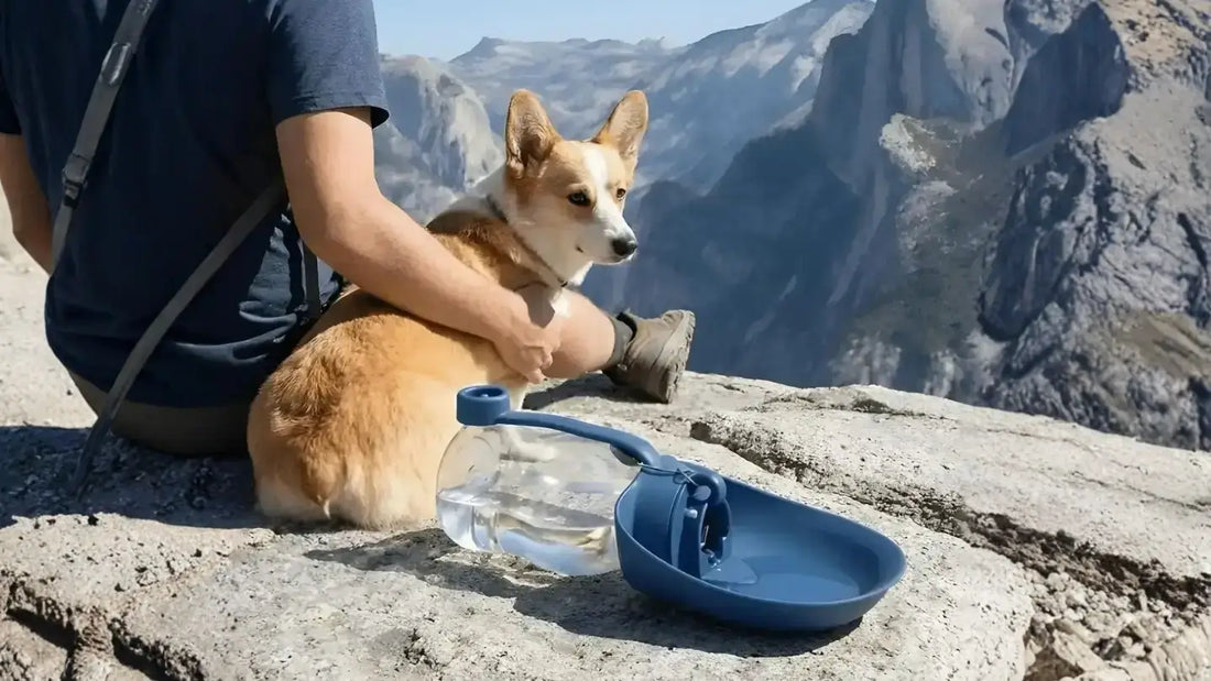 Un homme en randonnée avec son corgi dans les montagnes et une gourde pour chien.