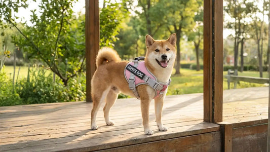 Un Shiba Inu sur un balcon en campagne porte un harnais pour chien personnalisé