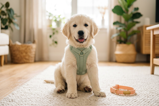 Un chiot golden retriever assis dans un salon vêtu d'un harnais vert et un collier a côté.