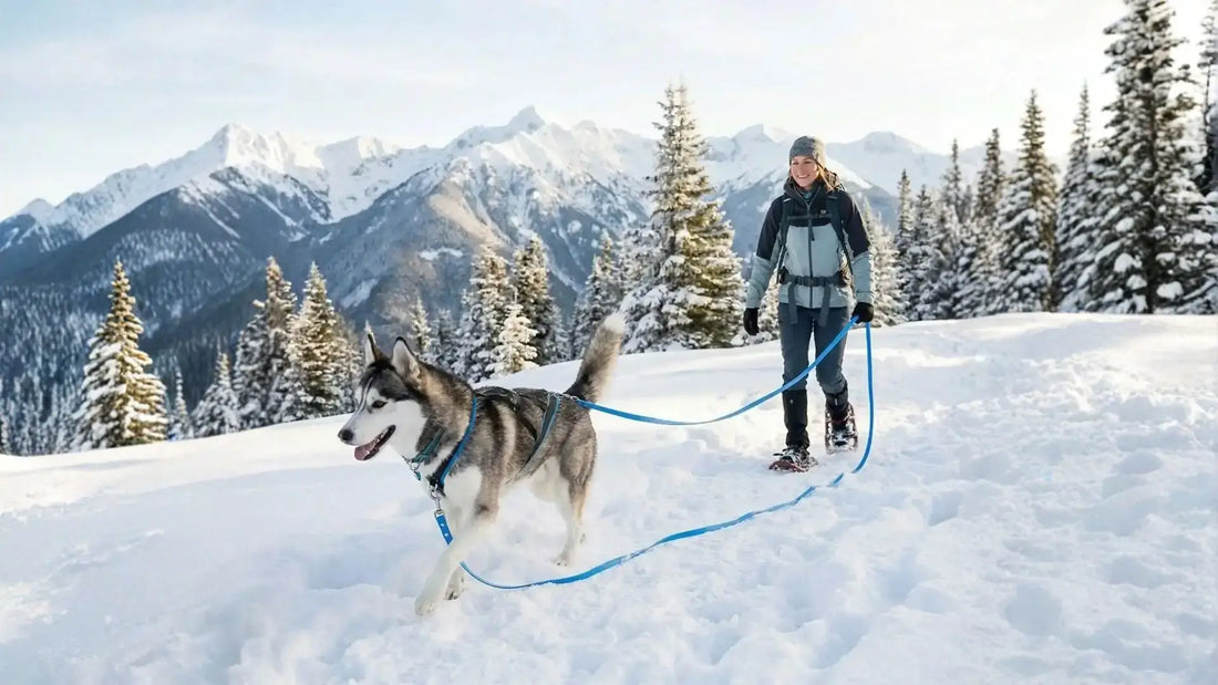 Un chien husky en promenade avec longe 20m dans la neige avec son maitre. 