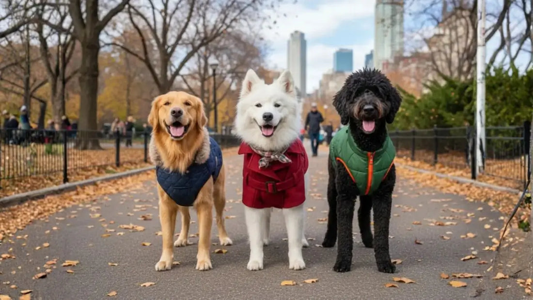 Trois chiens se promène dans la rue avec leur manteau pour chien.