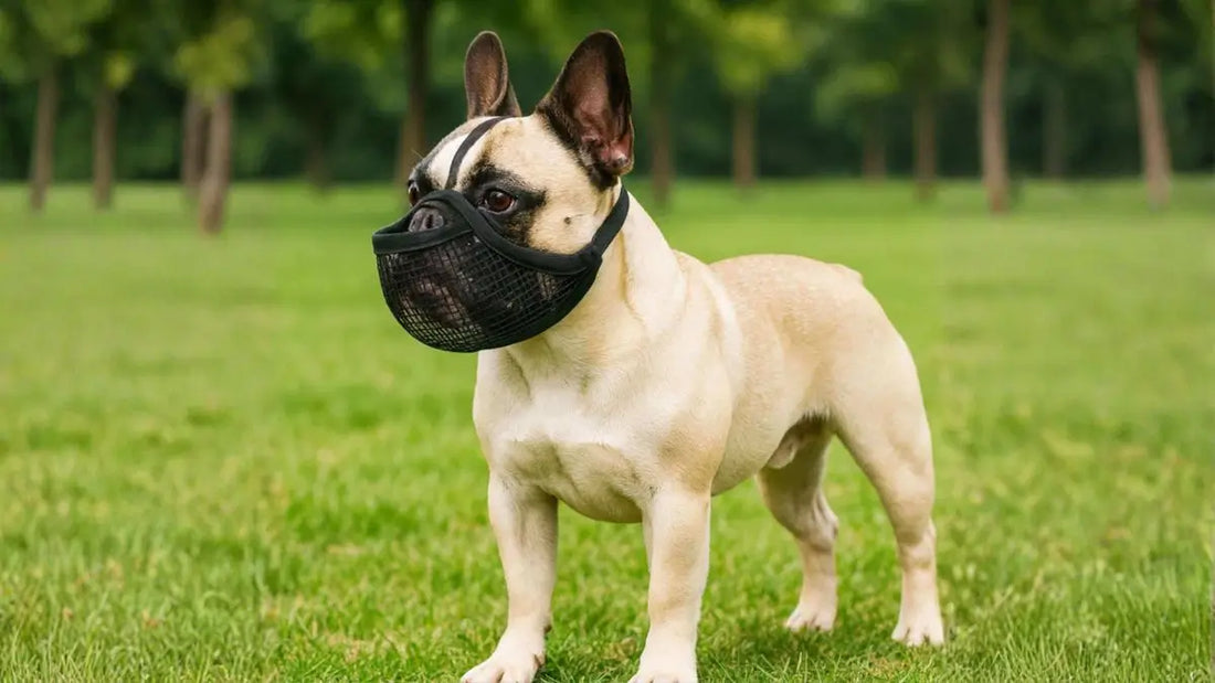 Un bouledogue français fauve sur une pelouse porte une muselière pour bouledogue français.