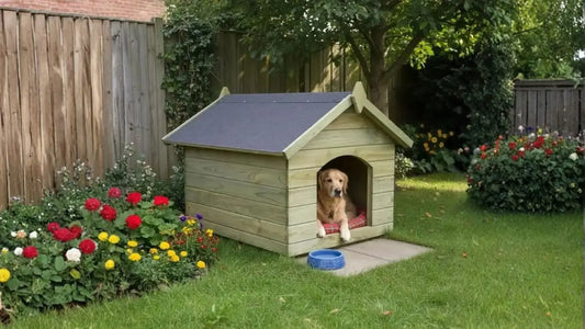 Un golden retriever dans sa niche pour chien en bois dans une arrière-cour