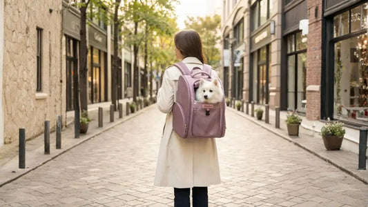 Une femme se promène dans la rue avec Spitz japonais nain dans son sac à dos pour chien