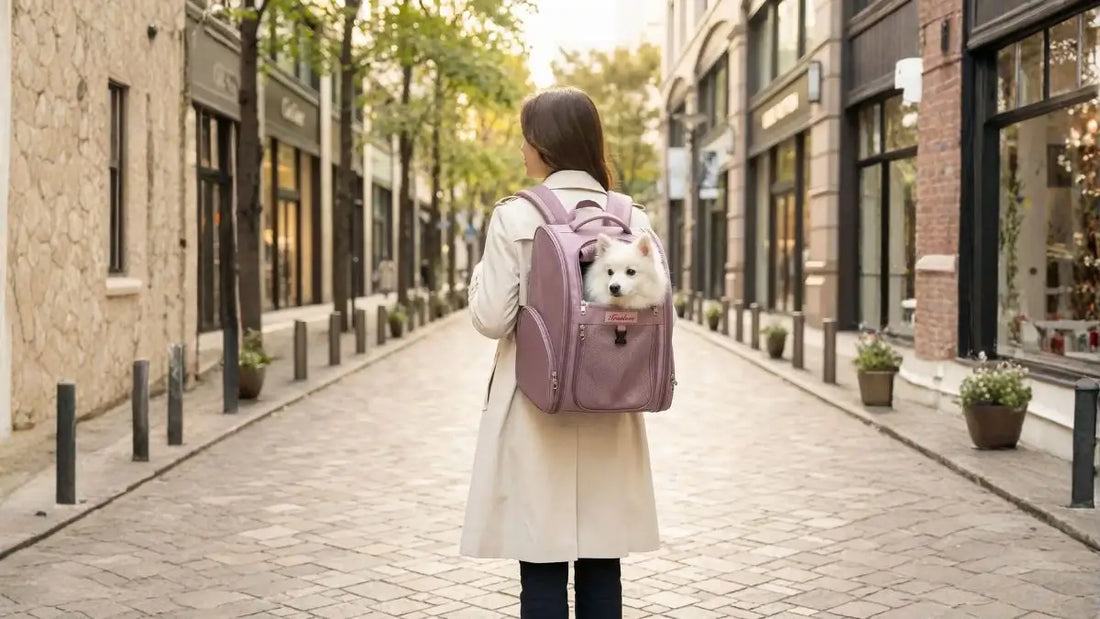 Une femme se promène dans la rue avec Spitz japonais nain dans son sac à dos pour chien