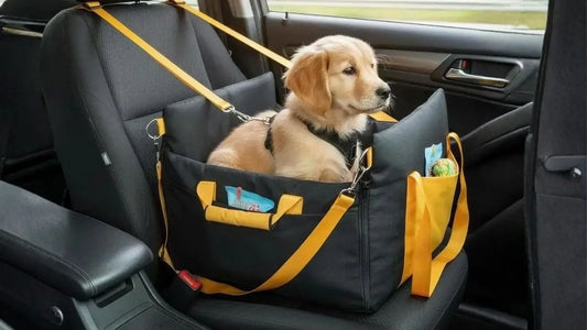Un chiot golden retriever assis dans un siège d'auto pour chien.