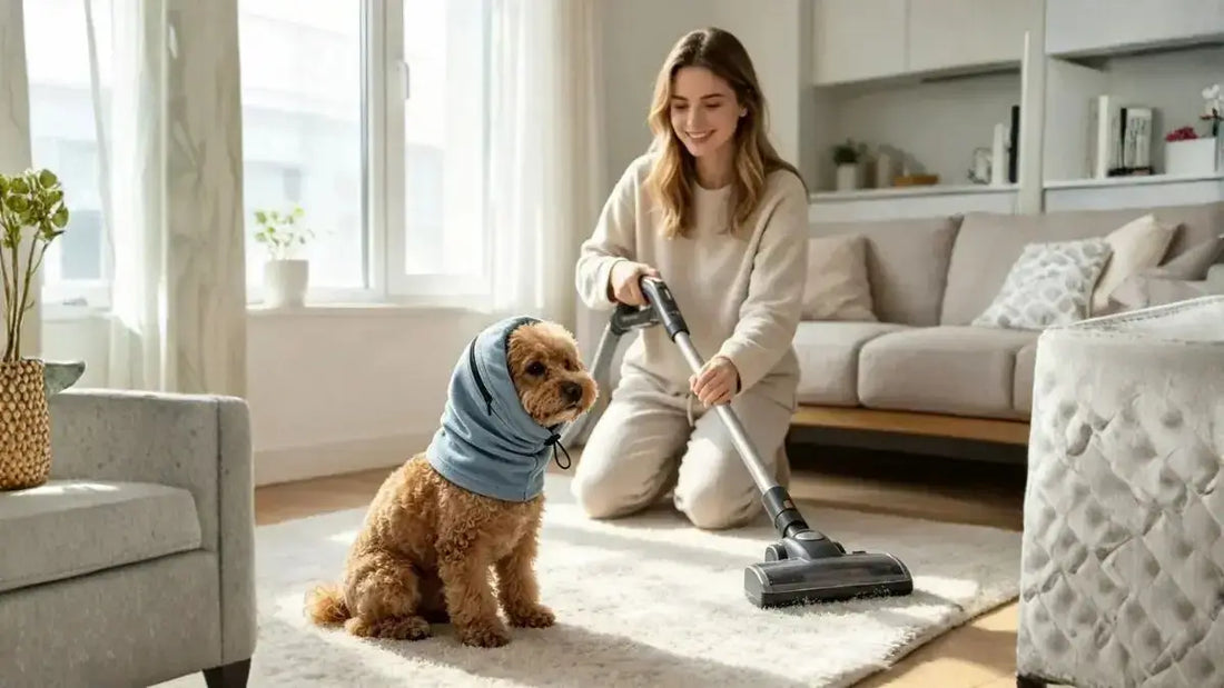Une femme passe l'aspirateur près de son caniche dans son salon.