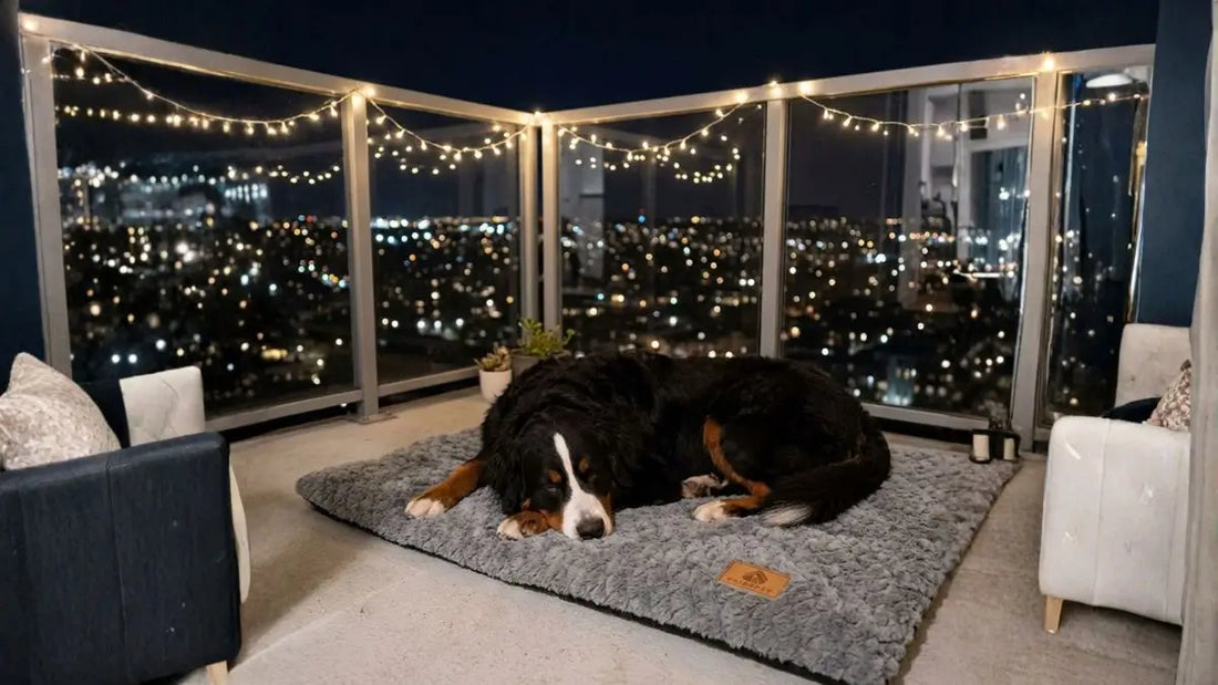 Un bouvier bernois sur un balcon la nuit allongé sur son tapis pour chien