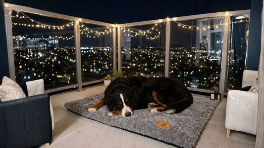 Un bouvier bernois sur un balcon la nuit allongé sur son tapis pour chien