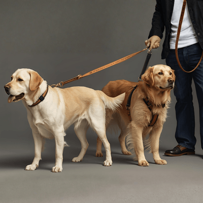 Un homme tiens en laisse deux chiens avec la laisse pour chien 