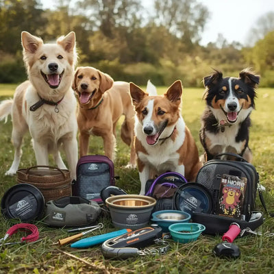Plusieurs chiens avec plusieurs accessoire pour chien.