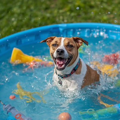 Un chien joue dans une piscine pour chien avec des jouets