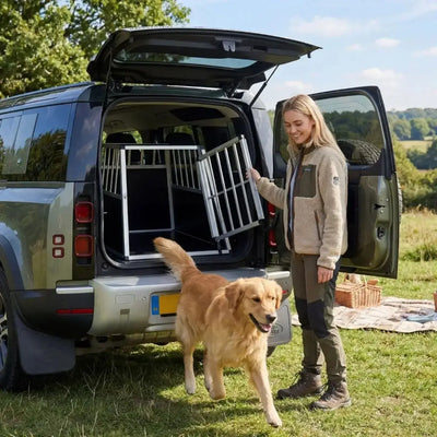 Une femme avec son golden retriever qui sort de la cage pour chien de voiture.