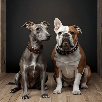 Un lévrier italien avec un bouledogue anglais portent un collier pour chien
