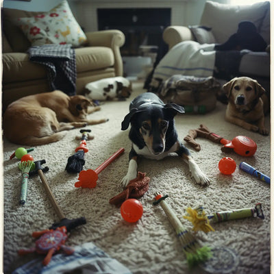 plusieurs chiens dans un salon avec plusieurs jouets pour chiens