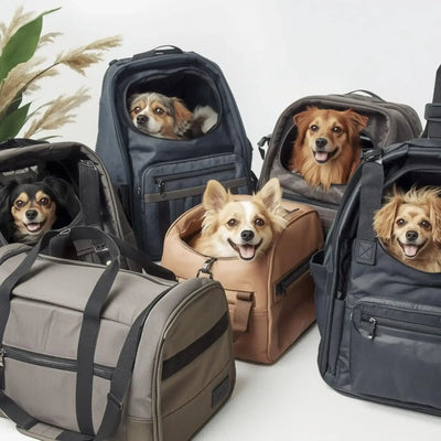 Plusieurs chiens avec sac de transport pour chien