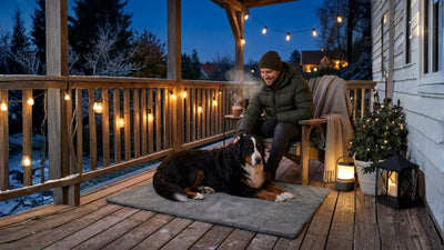 Un homme sur une terrasse caresse son bouvier bernois allongé sur son tapis pour chien.