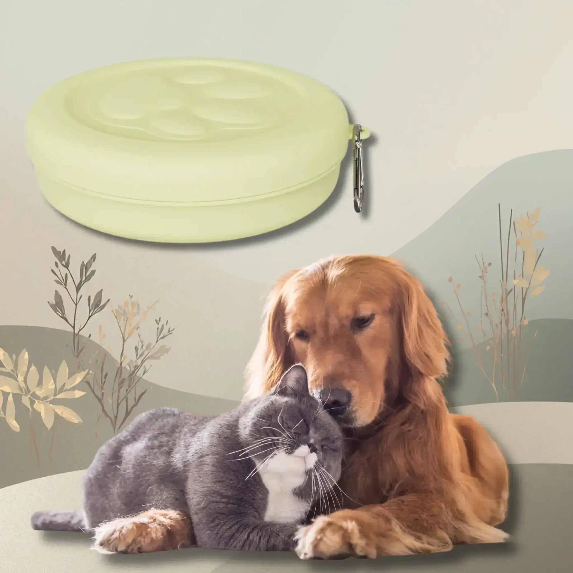 Accessoire pour chien Bolo, bol turquoise avec un golden retriever avec un chat.