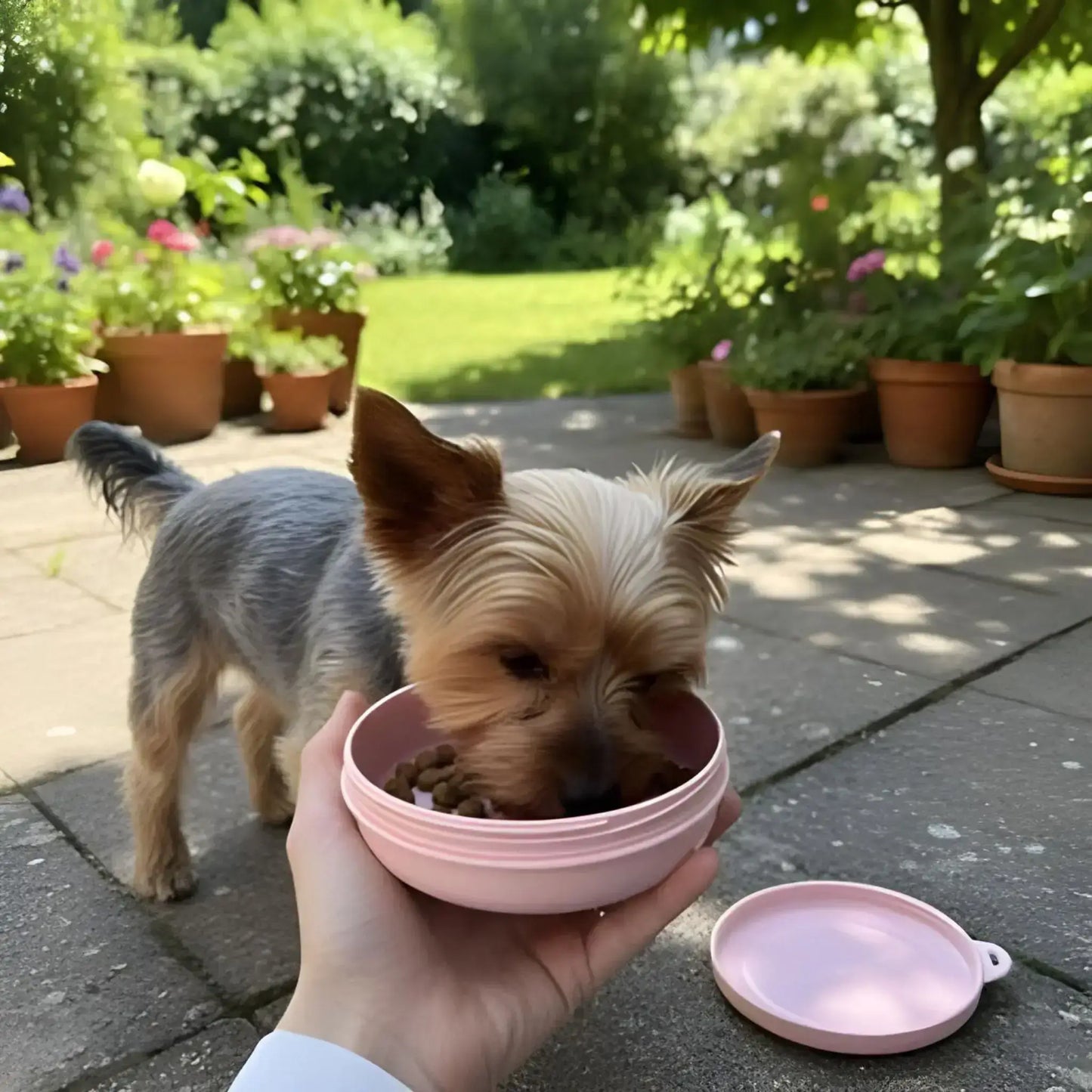 Un Yorkshire mange dans l'accessoire pour chien Bolo : gamelle pour chien.