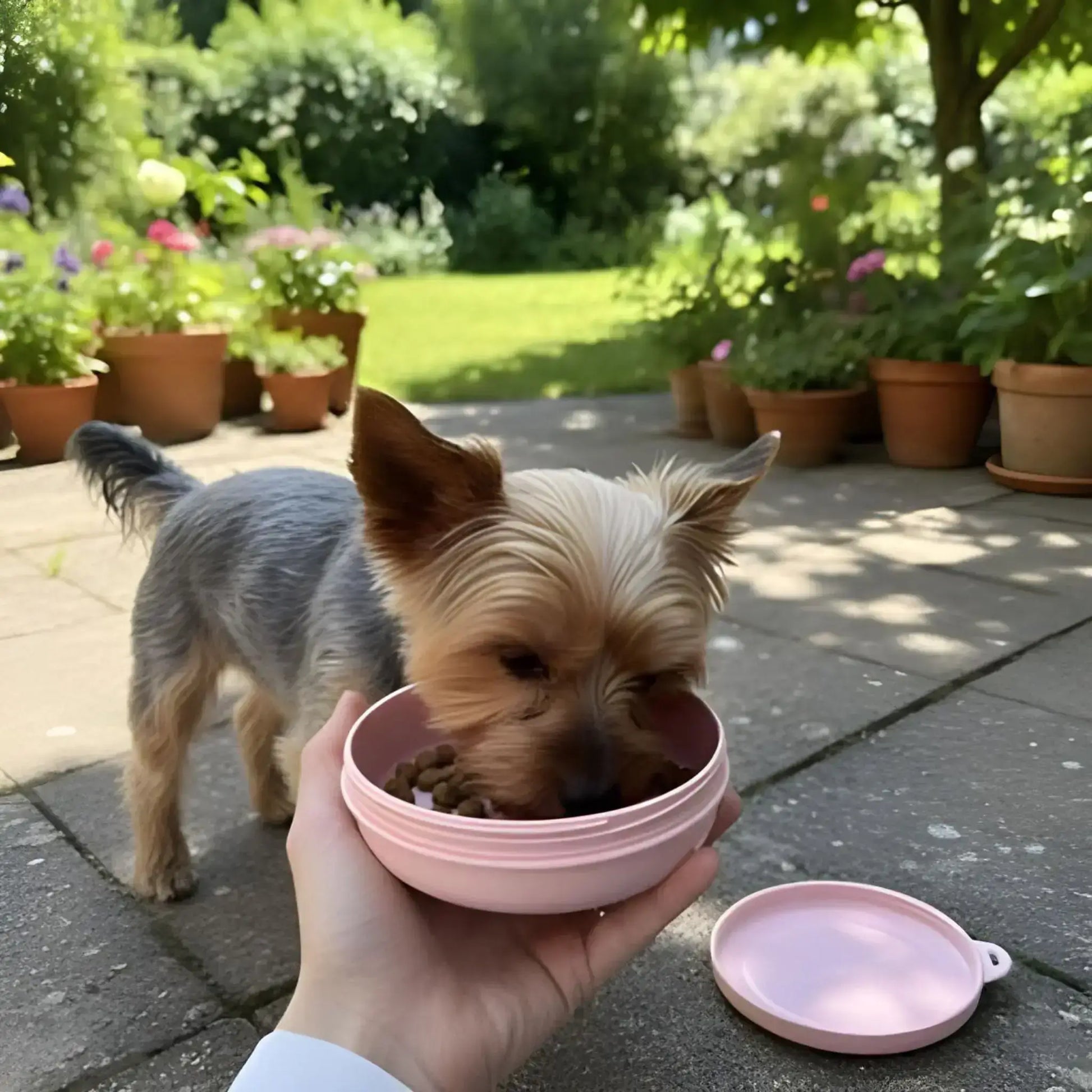 Un Yorkshire mange dans l'accessoire pour chien Bolo : gamelle pour chien.