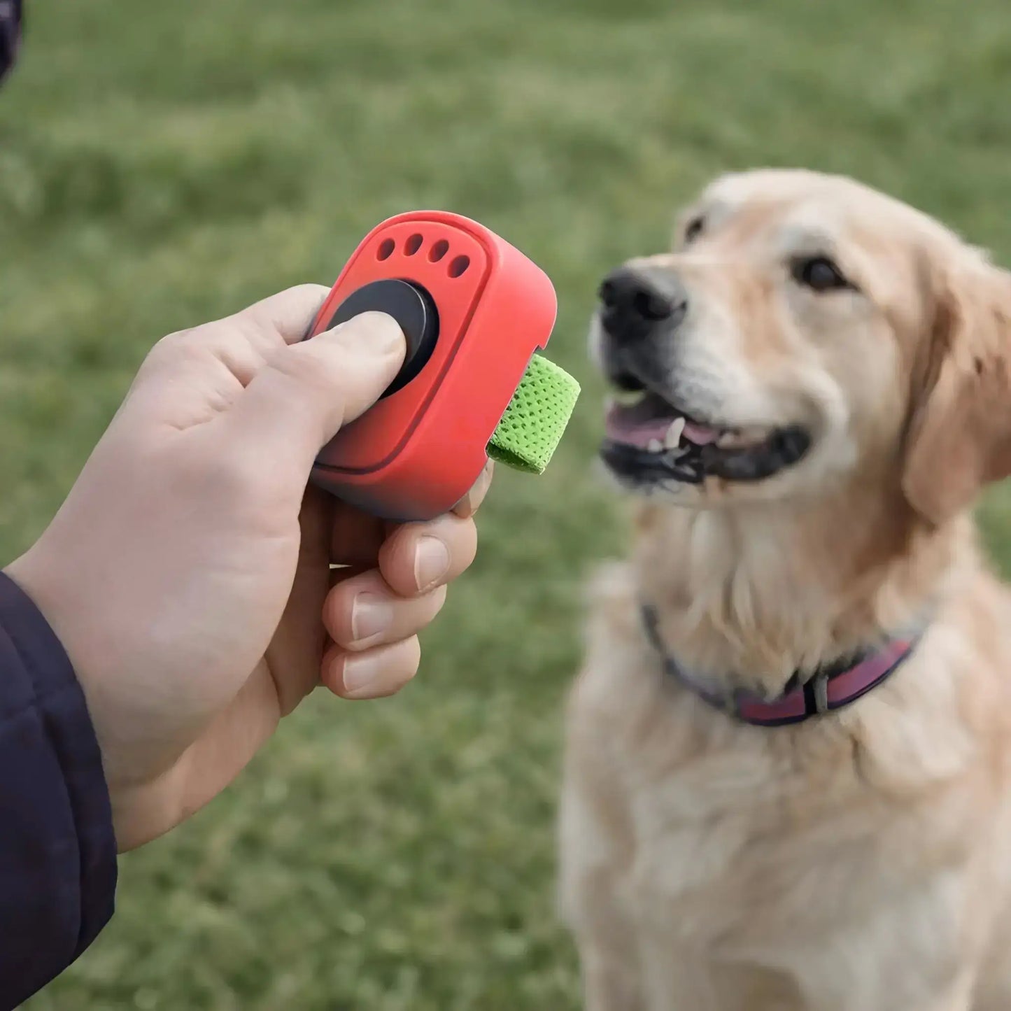 Un golden retriever se fait entraîner avec les accessoires pour chien BonClick clicker rouge.