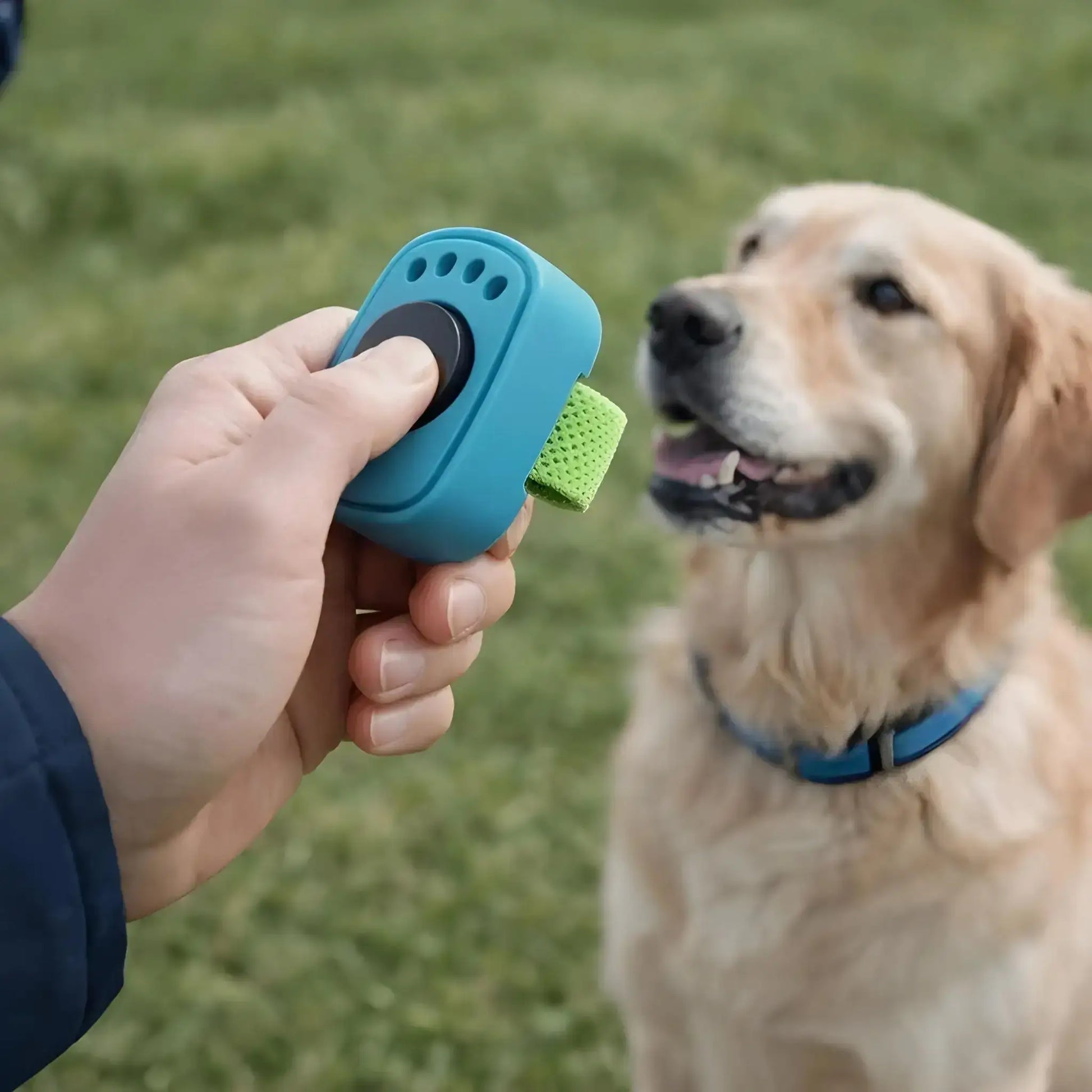Un golden retriever se fait entraîner avec les accessoires pour chien BonClick clicker turquoise.