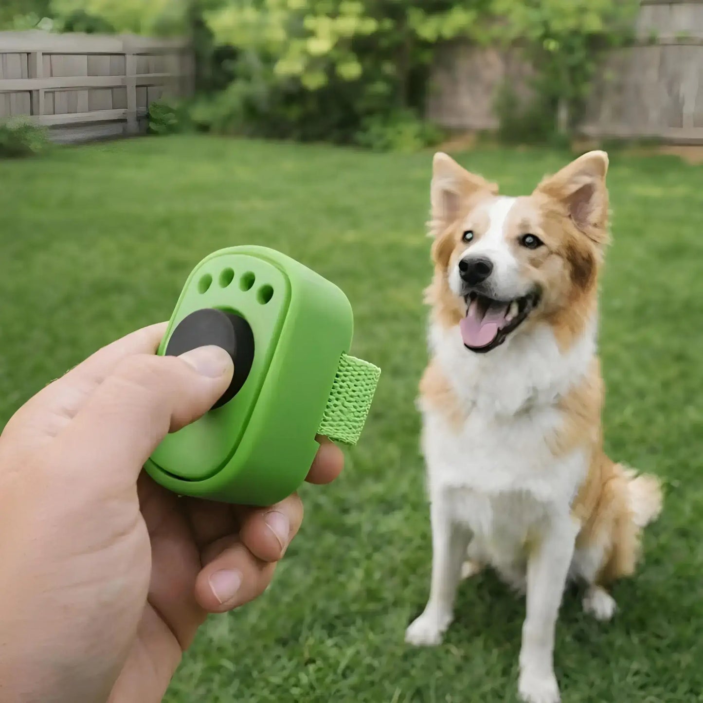 Un border collie se fait entraîner avec les accessoires pour chien BonClick clicker vert.