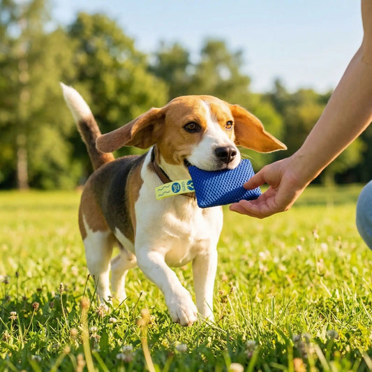 Un homme entraîne son beagle aux odeurs avec des accessoires pour chiens olfactifs.