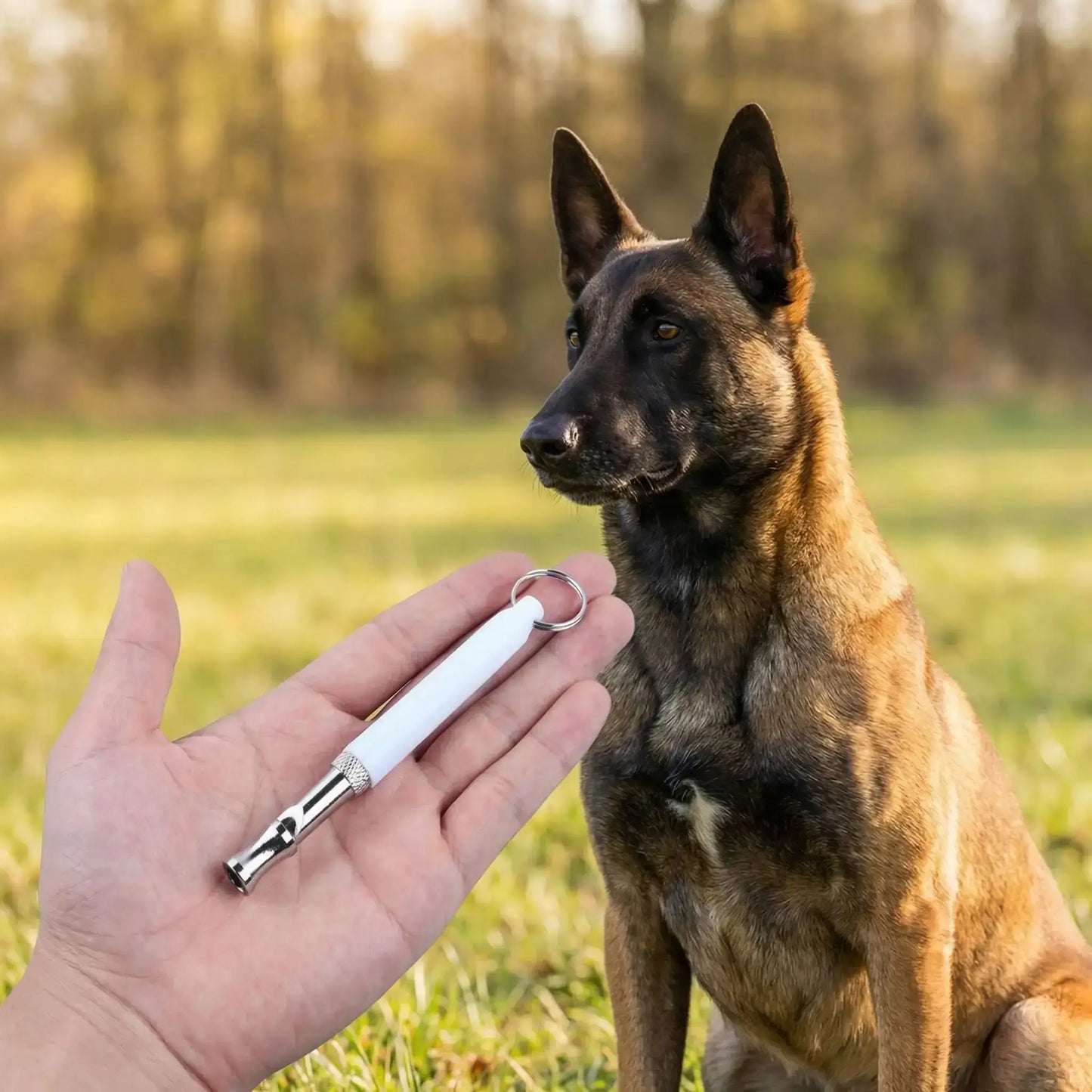 Une femme tient à la main un sifflet, un accessoire pour chien d'entraînement pour un malinois.