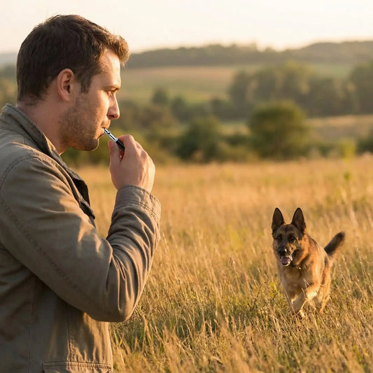 Un homme avec son sifflet noir rappelle son berger allemand.