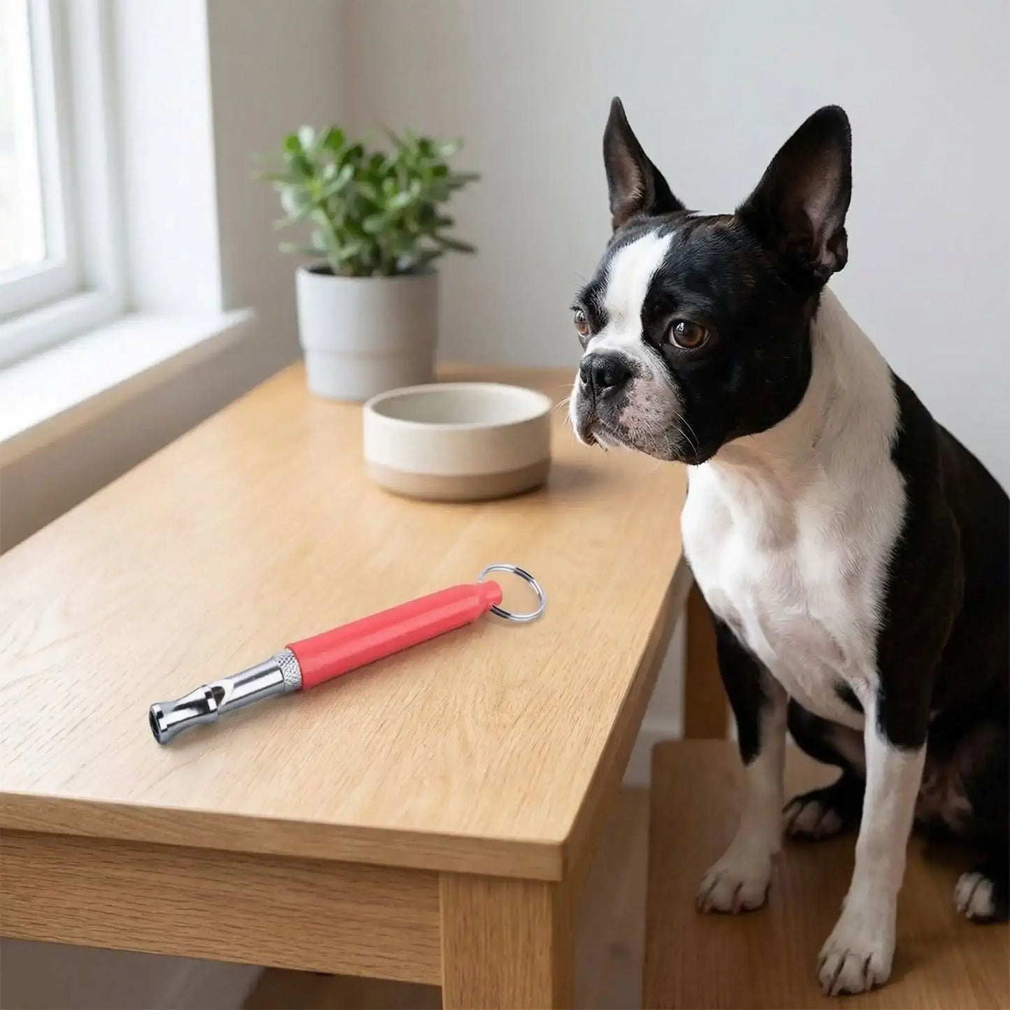 Un Boston terrier regarde un sifflet sur la table qui est un accessoire pour chien d'entraînement.
