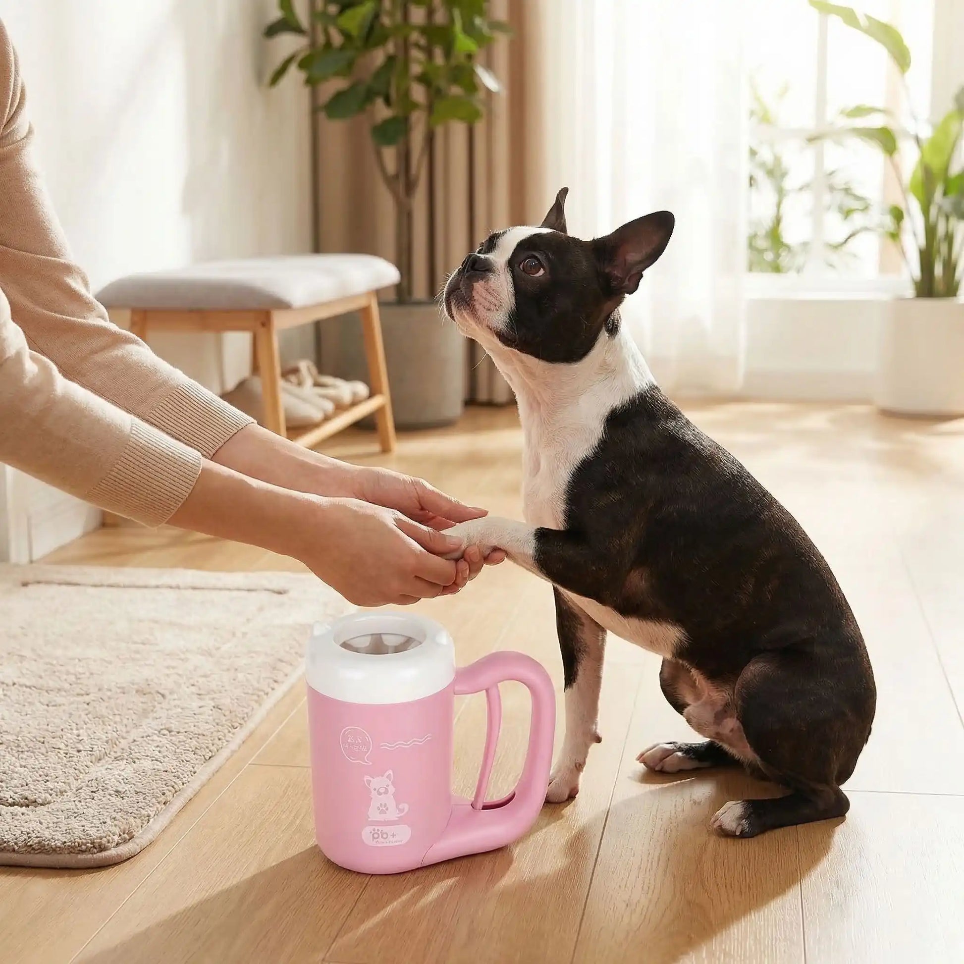 Un Boston terrier se fait laver les pattes avec les accessoires pour chiens Pattenet.