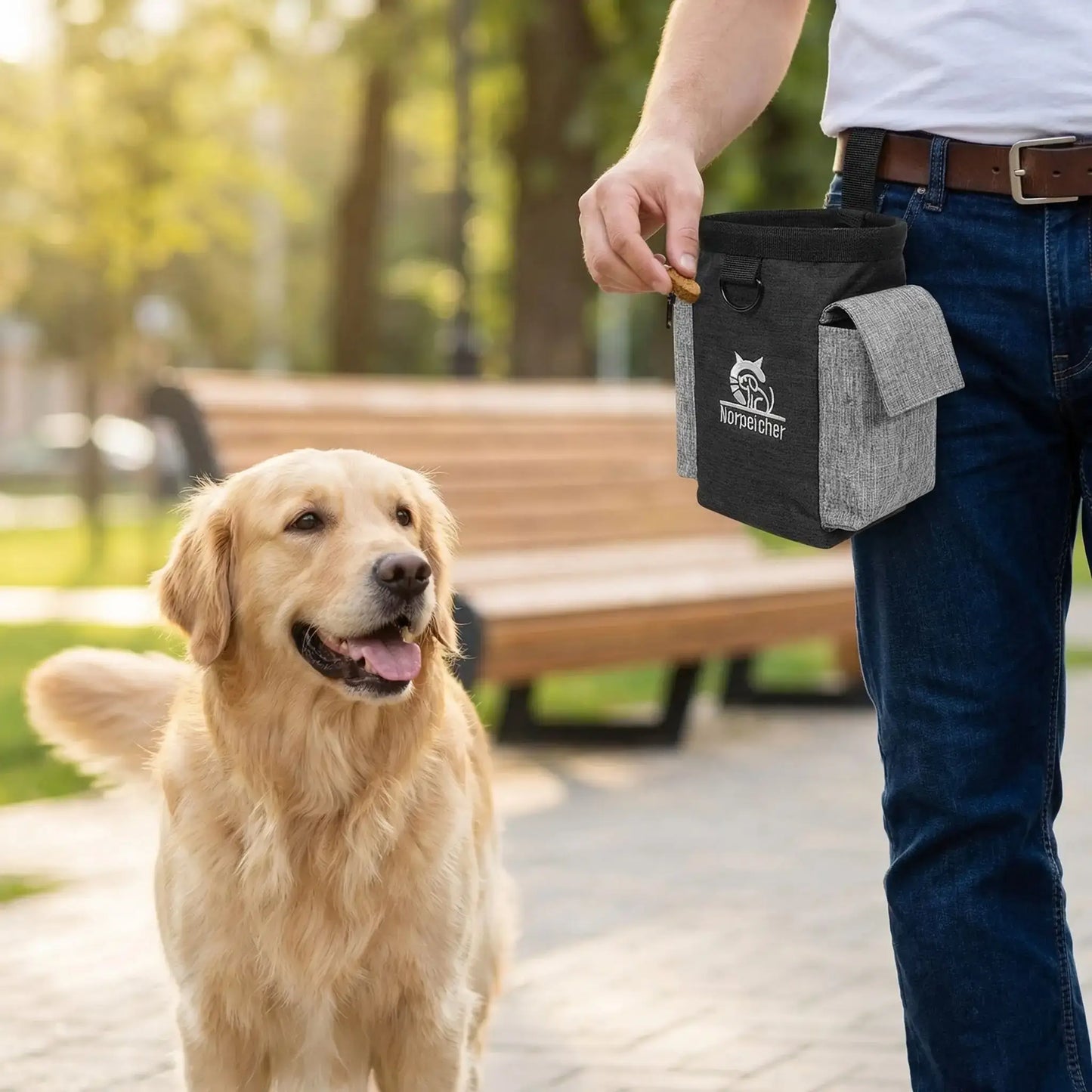 Un homme avec son golden retriever marche au pied, les accessoires pour chiens Pochetti à la taille.