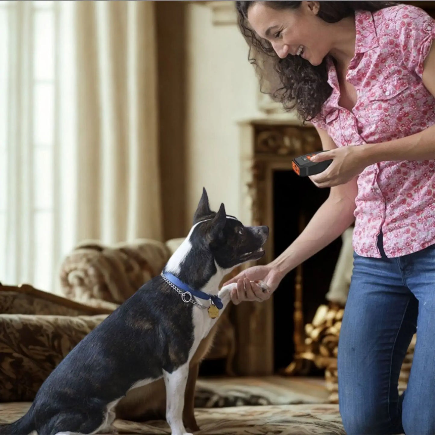 Une femme tenant à la main un dispositif anti-aboiement dresse son chien.