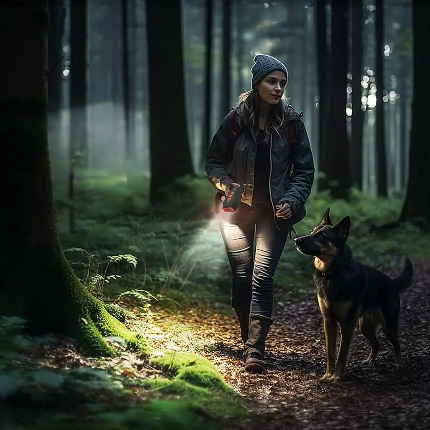 Une femme tient à la main un dispositif anti-aboiement pour chien avec son chien dans la forêt la nuit.