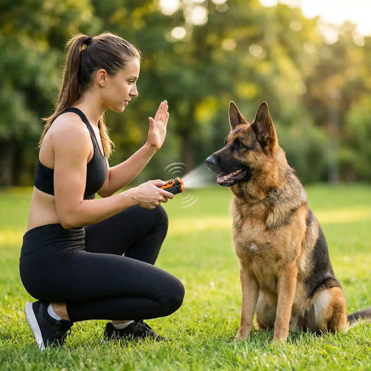 Une femme dans un champ dresse son berger allemand avec le dispositif anti-aboiement pour chien.