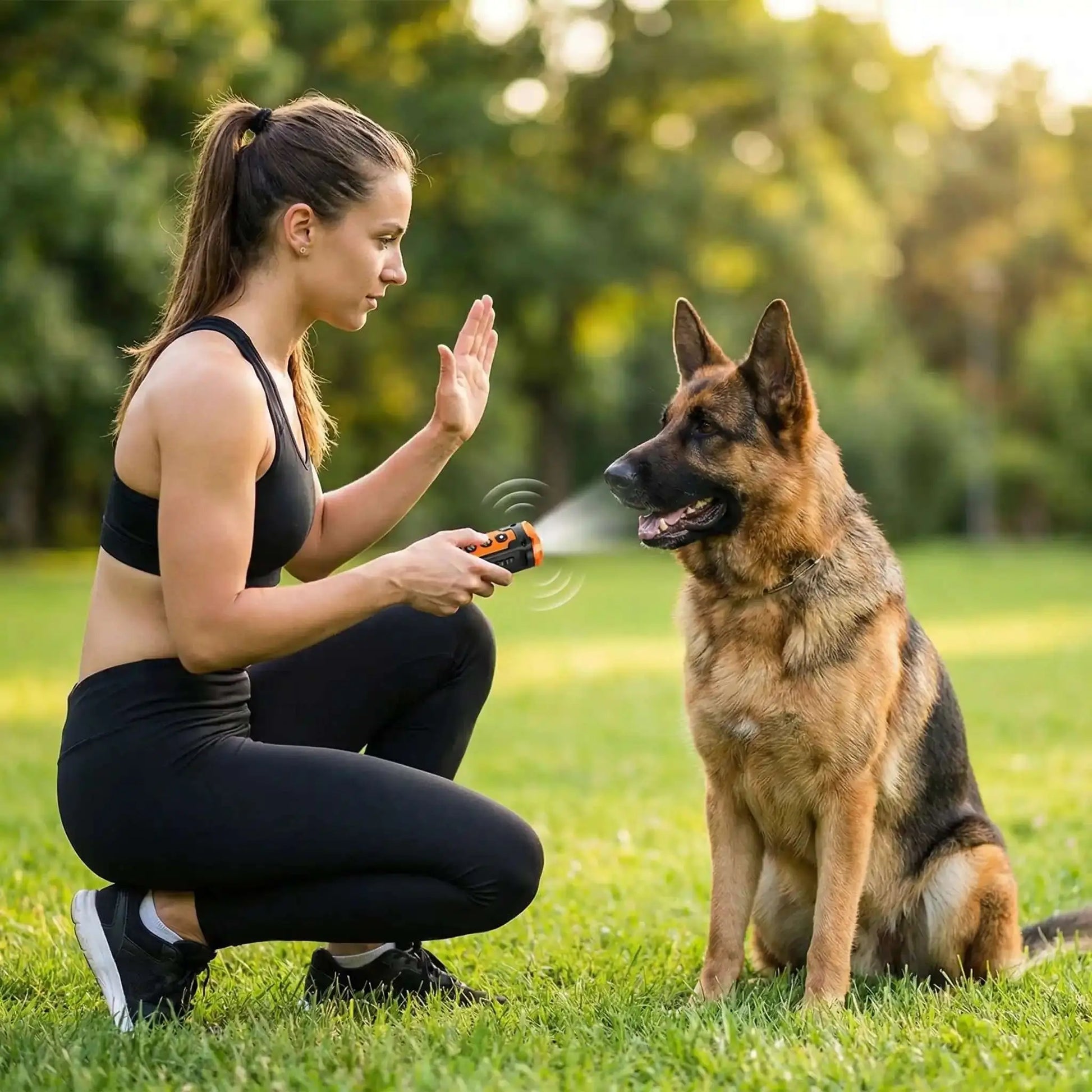 Une femme avec un dispositif anti-aboiement pour chien dresse un berger allemand.